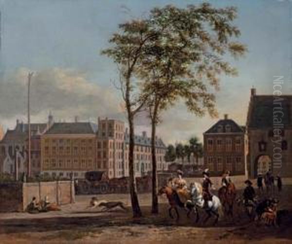 The Plaats With The Buitenhof 
And The Gevangenpoort, The Hague, With An Elegant Hawking Party Oil Painting by Gerrit Adriaensz Berckheyde