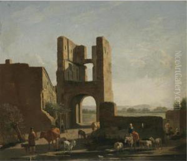 Italianate Landscape With 
Herdsmen And Women With Sheep, Goats And Cows Grazing Beneath A Ruined 
Gate Tower Oil Painting by Gerrit Adriaensz Berckheyde
