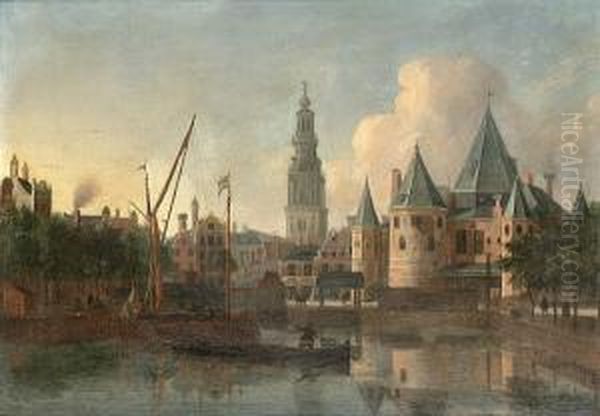 The Nieuwemarkt, Amsterdam, From
 The Geldersekade With The Tower Of The Zuiderkerk Beyond Oil Painting by Gerrit Adriaensz Berckheyde