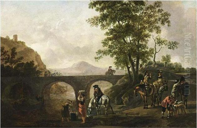 A River Landscape With Huntsmen 
Resting During The Hunt And Women Washing Clothes In The River, Horsemen
 On A Stone Bridge Nearby Oil Painting by Gerrit Adriaensz Berckheyde