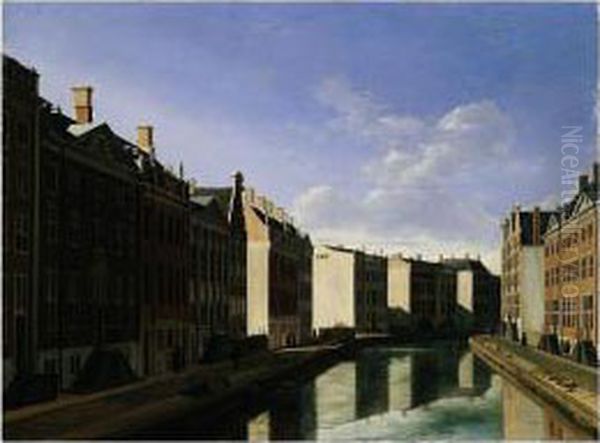 Amsterdam, The Heerengracht From
 The Vijzelstraat Looking Towards The Nieuwe Spiegelstraat Oil Painting by Gerrit Adriaensz Berckheyde