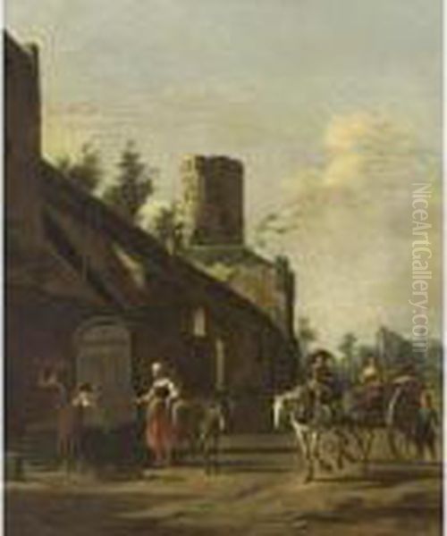 Peasants At A Fountain By The 
City Wall Of Cologne With A View Of The Church Of St. Pantaleon's In The
 Distance Oil Painting by Gerrit Adriaensz Berckheyde