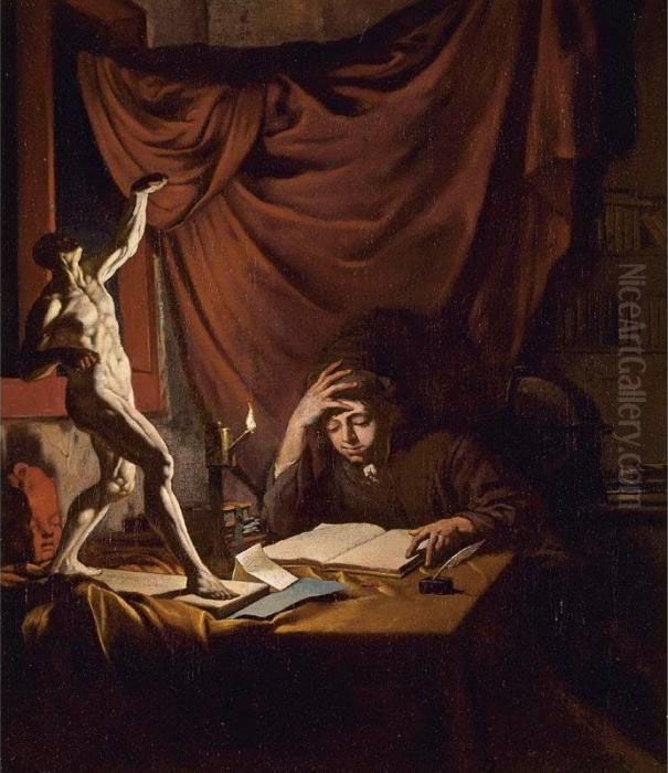 A Young Scholar Reading By 
Lamplight In A Study With An Ecorche Model And A Plaster Head Of A Putto
 On A Table Oil Painting by Job Adriaensz. Berckheyde