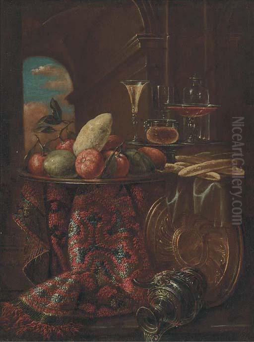 Oranges, Limes, And A Lemon On A
 Dish, Bread Rolls, And Glasses Ona Partly-draped Table With A Ewer And 
Platter Oil Painting by Christian Berentz