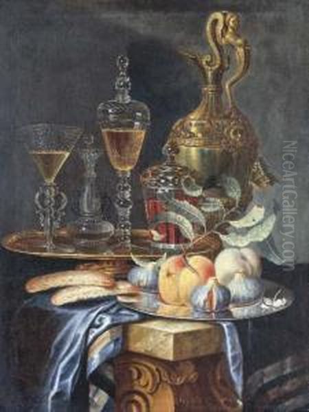 Peaches And Figs On A Pewter 
Platter, A Facon De Venise Fluted Wineglass And Vessel With A Bohemian 
Covered Goblet And Covered Beakeron A Gilt Platter, All Resting On A 
Partially Draped Stoneledge Oil Painting by Christian Berentz