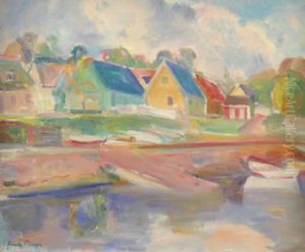 Hamnen I Arild. Signerad Och Daterad -43. Duk, 54x64 Oil Painting by Svante Bergh