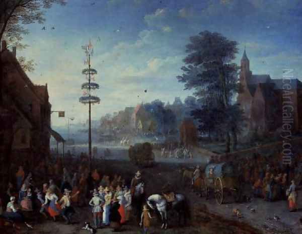 Village kermesse with villagers dancing round a maypole and travellers on a road Oil Painting by Joseph van Bredael