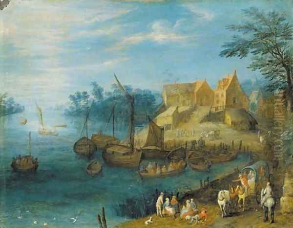 A river landscape with travellers and other figures on a path and boats moored before a village Oil Painting by Joseph van Bredael