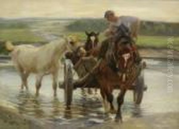 Bauer Mit Pferden Beim Durchqueren
 Einer Furt. Oil Painting by Max Bergmann