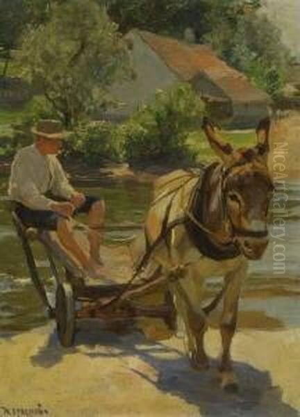Bauer Mit Eselskarren. Oil Painting by Max Bergmann