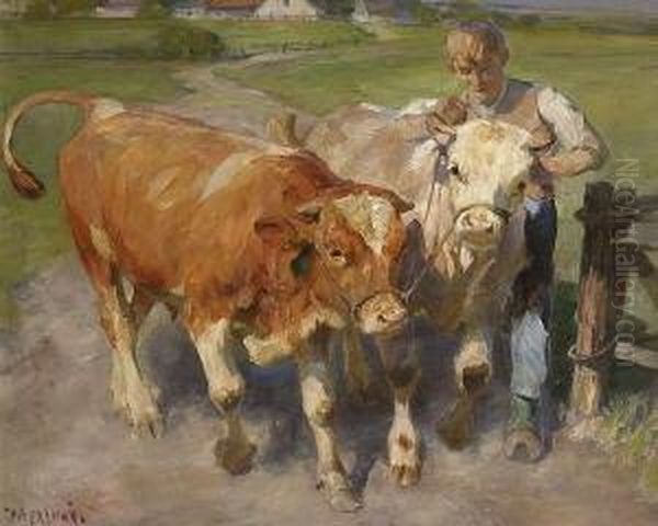 Huterjunge Mit Zwei
 Rindern. Oil Painting by Max Bergmann