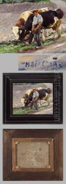 Bauer Mit Zwei Kuhen Auf Dem Feld Oil Painting by Max Bergmann