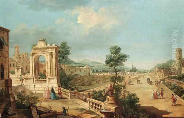 A capriccio view of a town with elegant figures on a terrace by a ruined archway Oil Painting by Francesco Battaglioli