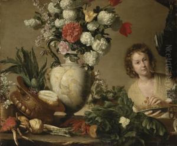 The Gardener: A Lady Holding A 
Bowl Of Cherries, With A Cockereland Vegetables, Shellfish And Flowers 
On A Wooden Table Oil Painting by Bernardo Strozzi