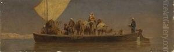 Nilfahre Mit Beduinen Und
 Kamelen. Oil Painting by Edmund Berninger