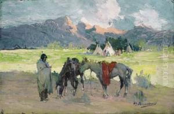Tending Horses At The Encampment Oil Painting by Oscar Edmund Berninghaus