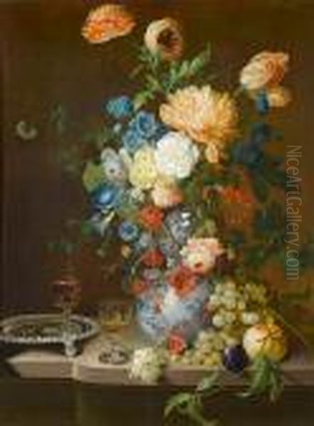 Roses, Tulips, Convolvulus, 
Auricula And Otherflowers In A Porcelain Vase On A Stone Ledge With A 
Silver Salver,grapes, A Plum, Peaches And Two Wine Glasses Oil Painting by Jean Baptiste Berre