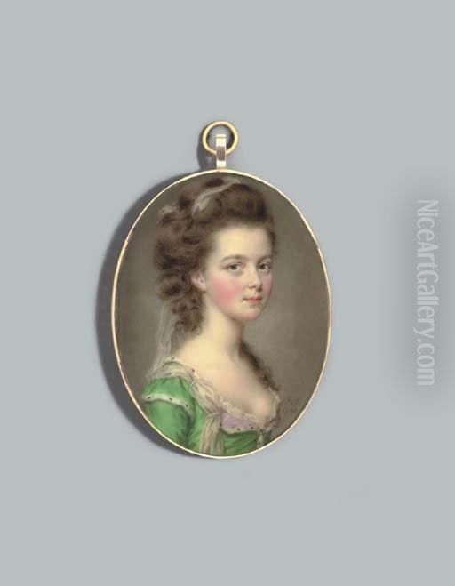 Mrs Russell, Nee Cox, In 
Lace-bordered White Under-dress, Pink-lined And Ermine-bordered Bright 
Green Dress, Jewelled Pendant Fastened At Corsage, Gauze Scarf Entwined 
In Her Upswept And Curling Light Brown Hair And Fastened To The Border 
Of Her D Oil Painting by Jean Simon Berthelemy