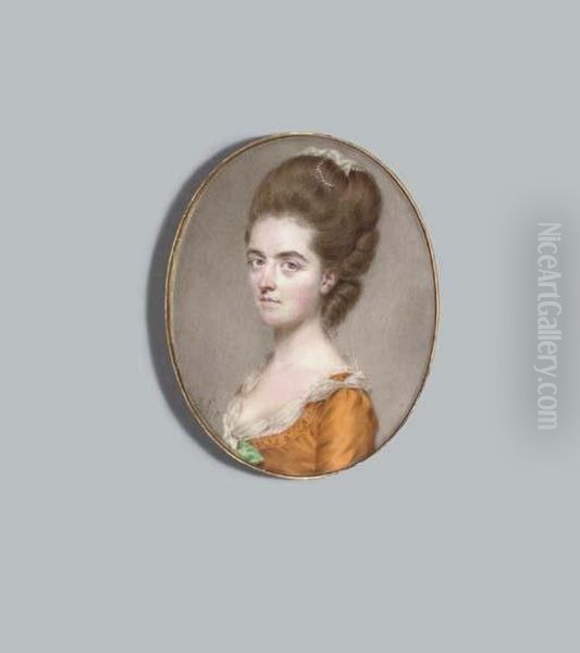 A Young Lady, In Lace-bordered 
Orange Silk Dress With Bright-green Ribbon At Corsage, White Gauze Scarf
 Fastened In A Gold Ring At Corsage, White Gauze Scarf And Pearls In Her
 Upswept And Curled Light Auburn Hair Oil Painting by Jean Simon Berthelemy