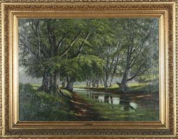 A Forrest With A Stream And Dears In The Background Oil Painting by Christian Berthelsen