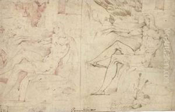 Deux Etudes Pour Un Homme Assis De Profil A Gauche Dans Un Paysage(recto); Pieta (verso) Oil Painting by Jacopo Zanguidi, Called Jacopo Bertoija