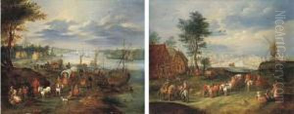 A River Landscape With Wagons 
And Townsfolk On A Path And Boats;and An Extensive Landscape With A 
Windmill And Figures, A Canalbeyond Oil Painting by Balthasar Beschey
