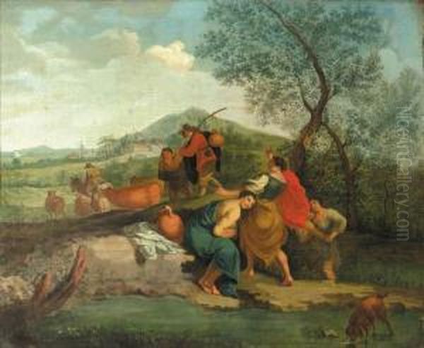 Shepherdesses By A Pool, With 
Cowherds Passing On A Track Beyond In An Italianate Landscape Oil Painting by Balthasar Beschey