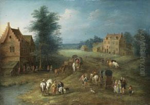 Landschaft Mit Gebauden, Markt,
Karren Und Figurenstaffage Oil Painting by Karel Beschey