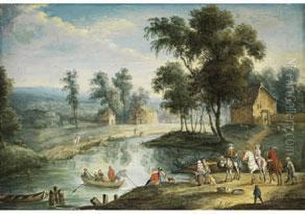 Figurenreiche Landschaft Mit 
Kleinem Flusslauf Und Seitlichunter Baumen Stehenden Hausern Oil Painting by Karel Beschey