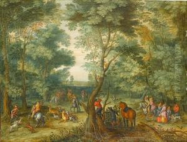 A Wooded Landscape With An 
Elegant Partyonlookers Watching As Huntsman Move In With Their Hounds 
For Thekill Of A Stag And Hart Oil Painting by Karel Beschey