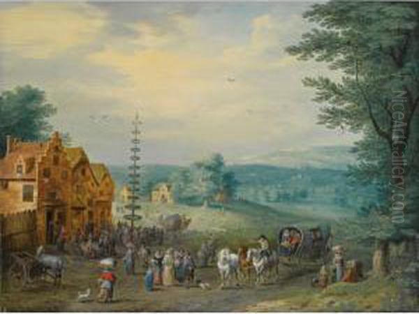 A Summer Landscape With Elegant 
Travellers, A Horse-drawn Wagon, Near A Village With Peasants Dancing 
Around A May-tree; A Winter Landscape With Travellers And A Horse-drawn 
Cart, Near A Village With Figures Skating On A Frozen River Nearby Oil Painting by Karel Beschey