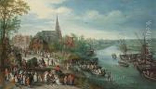 A Village Landscape With A 
Portrait Of Jan Brueghel The Elder And His Family And Numerous Other 
Figures By A River Oil Painting by Karel Beschey