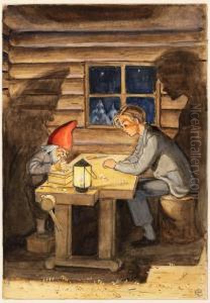 Par Far Hjalp Av Tomten Oil Painting by Elsa Beskow