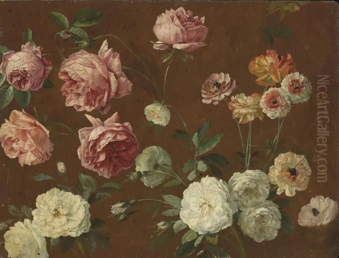 Pink And White Roses, 
Chrysanthemums And Poppies (recto); Sketchwith A Woman And Her Children 
(verso) Oil Painting by Pancrace Bessa
