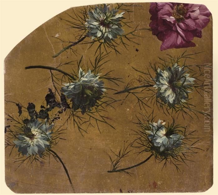 Une Fleur De Camelia Fushia Entouree De Nigelles De Damasblanches Oil Painting by Pancrace Bessa