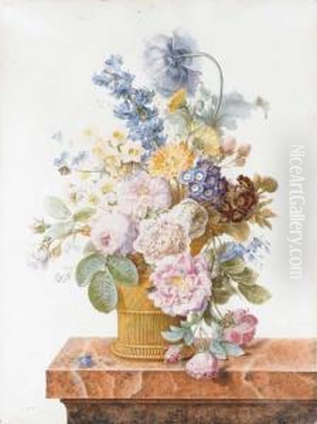 A Bouquet Of Roses, 
Chrysanthemums, Auricula, Hyacinth, A Poppy,harebells And Other Flowers 
In A Basket On A Marble Ledge With Abutterfly And A Fly Oil Painting by Pancrace Bessa