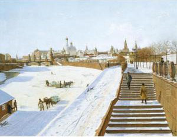 View Of Moscow In Winter Oil Painting by Boris Vasilievich Bessonov