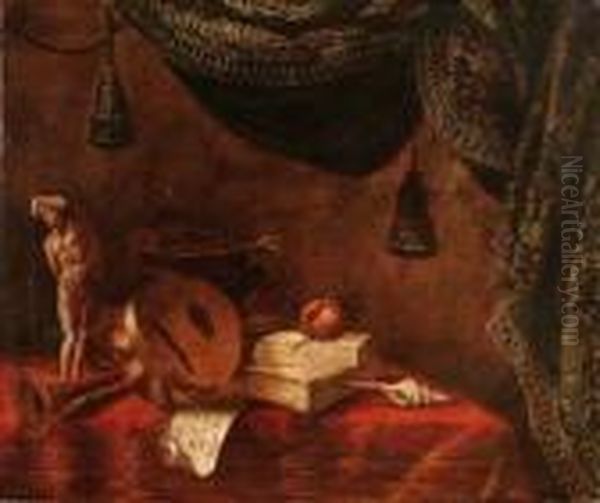 Statuetta, Liuto, Fagotto, 
Libri, Spartito Musicale, Melagrana E Conchiglia Su Tappeto Rosso E 
Tenda Con Nappe Oil Painting by Bartolomeo Bettera