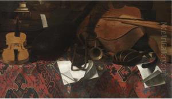 A Still Life With Musical 
Instruments, Including A Violin, A Double Bass, A Trombone And A Lute, 
Arranged On A Tabletop Draped With A Textured Carpet Oil Painting by Bartolomeo Bettera