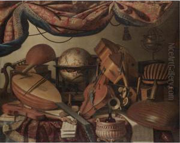 A Still Life With Musical 
Instruments Including A Viola, A Violin, A Cello And A Selection Of 
Lutes, Along With A Globe And Tomes Of Classical Literature Oil Painting by Bartolomeo Bettera