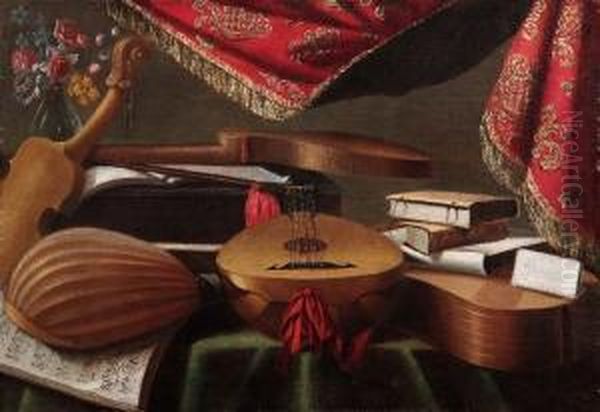 Liuto Attiorbato, Violino,viola,
 Foglio Con Annotazione Musicale, Libri, Sotto Tenda In Velluto Oil Painting by Bartolomeo Bettera