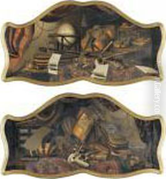 Still Life With A Globe, A 
Cello, A Violin, Other Musical Instruments, Books And Sheets Of Music, 
All Resting On A Draped Table; Still Life With A Guitar, A Cello, Other 
Musical Instruments, Books And Sheets Of Music, All Resting On A Draped 
Table Oil Painting by Bartolomeo Bettera