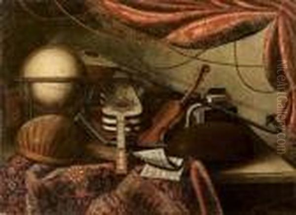  liuto, Chitarra, Arciliuto 
Violino, Mappamondo Libri E Spartiti Su Tavolo Con Tappeto E Tenda Oil Painting by Bartolomeo Bettera
