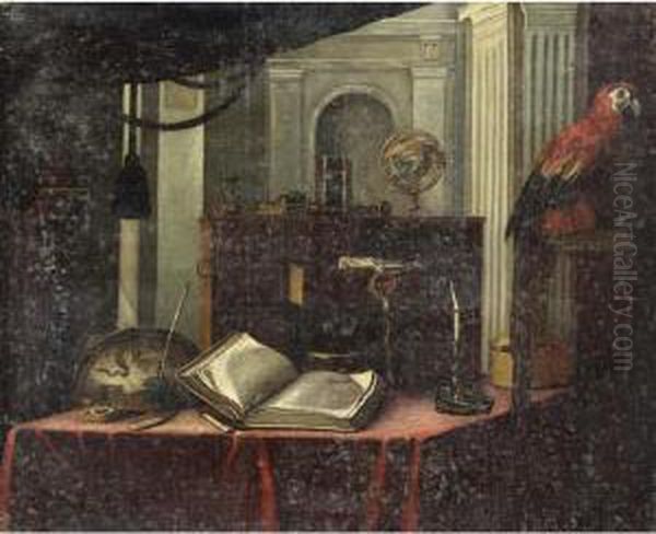 A Still Life With A Book, A 
Globe, A Candlestick And Other Objects, All On A Table, With A Parrot 
Standing On A Stone Ledge In The Foreground Oil Painting by Bartolomeo Bettera