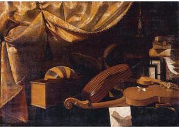 Still Life Of Musical Instruments And Books All Resting On A Table Oil Painting by Bartolomeo Bettera