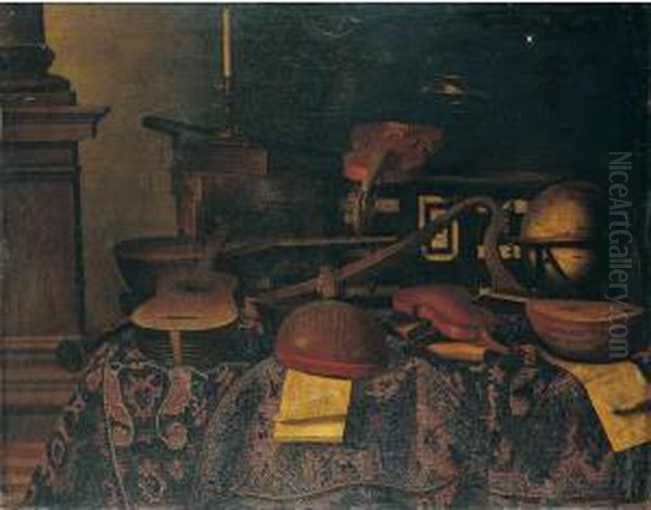 A Still Life Of Musical 
Instruments With Lutes, Violins, A Guitar, A Harp, Musical Scores, A 
Celestial Globe, Books, A Candle, And Other Objects, All Laid Out On A 
Table Draped With A Carpet Oil Painting by Bartolomeo Bettera