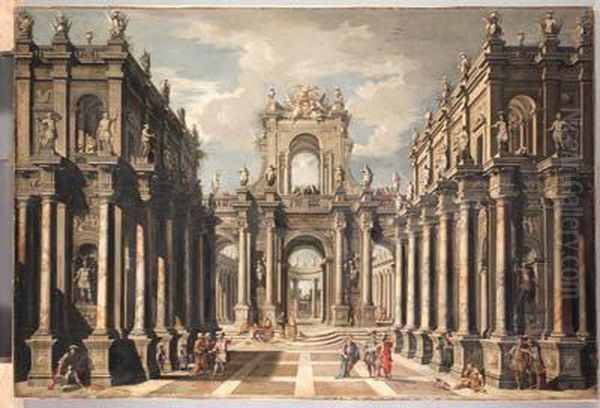 An Architectual Fantasy With 
Classical Figures Conversing Andcontemporary Spectators Above Oil Painting by Ferdinando Galli Bibiena
