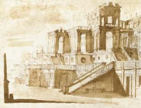 A Courtyard Of A Palace With A 
Series Of Porticos (recto); Architectural Sketches (verso) Oil Painting by Giuseppe Galli Bibiena