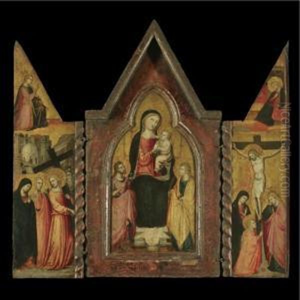 A Portable Triptych: Central 
Panel: The Madonna And Child With Saints John The Baptist And Catherine;
 Wings: Christ On The Way To Calvary With The Angel Of The Annunciation 
Above; The Crucifixion With The Virgin Annunciate Above Oil Painting by Bicci Di Lorenzo