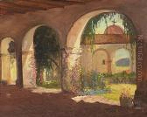 A Mission Courtyard Oil Painting by George Sanders Bickerstaff